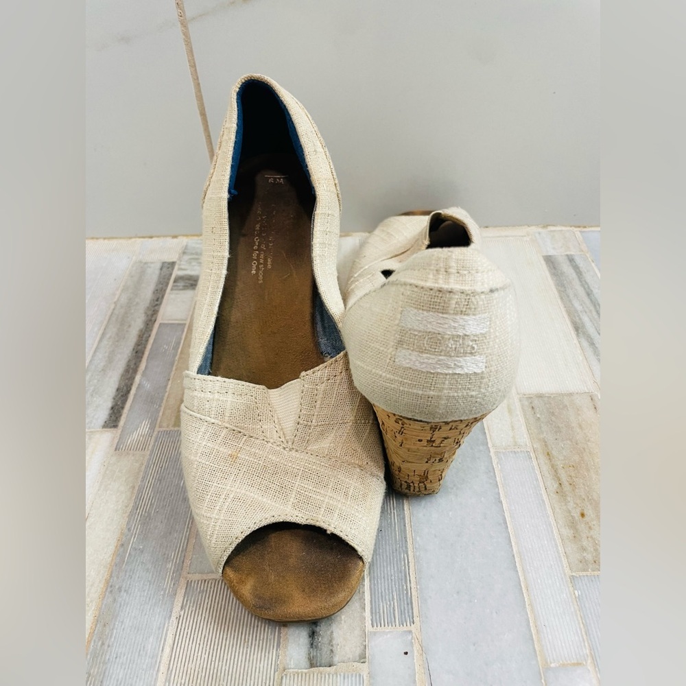 TOMS Stella Cork Wedge Sandals Womens Oatmeal Woven Open Toe Slip On Size 9 - Picture 13 of 16